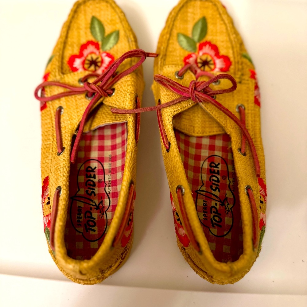 Sperry Top-Sider Brown Weave Basket Pink Floral Boat Deck Loafer Shoe Women 9.5